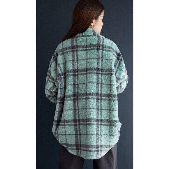 PacSun Homecoming Plaid Button Down Sherpa Shirt Shacket Aqua Gray Womens Md/Lg - Picture 2 of 10